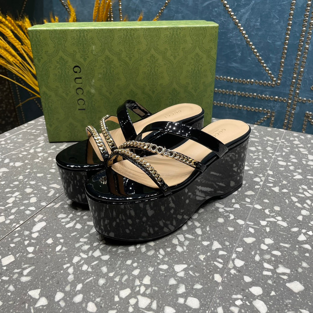 HIGH WEDGE PLATFORM IN BLACK CALFSKIN WITH GOLD HARDWARE mysite