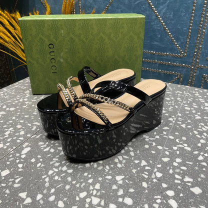 HIGH WEDGE PLATFORM IN BLACK CALFSKIN WITH GOLD HARDWARE mysite