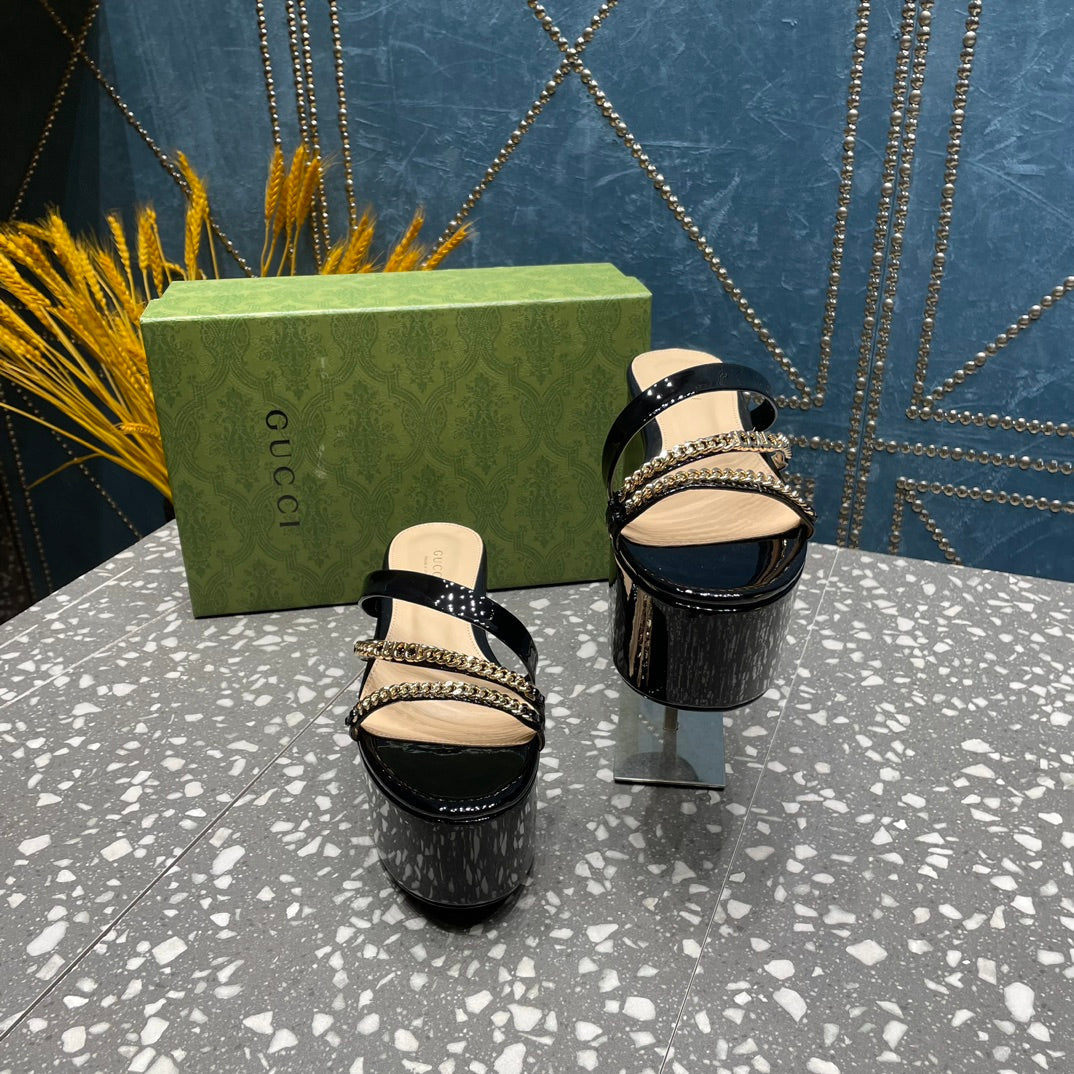 HIGH WEDGE PLATFORM IN BLACK CALFSKIN WITH GOLD HARDWARE mysite