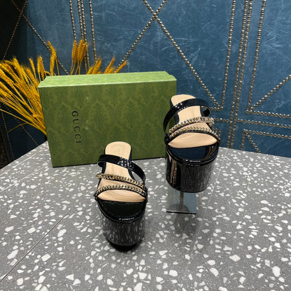 HIGH WEDGE PLATFORM IN BLACK CALFSKIN WITH GOLD HARDWARE mysite