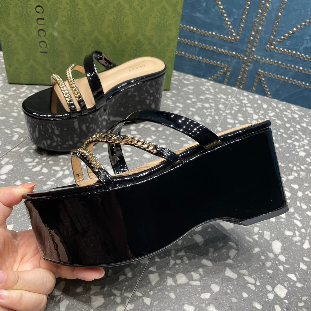 HIGH WEDGE PLATFORM IN BLACK CALFSKIN WITH GOLD HARDWARE mysite