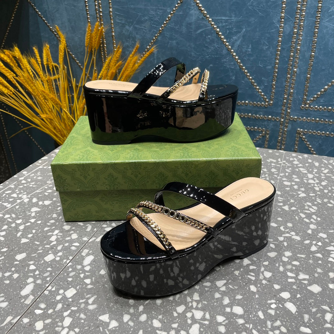 HIGH WEDGE PLATFORM IN BLACK CALFSKIN WITH GOLD HARDWARE mysite