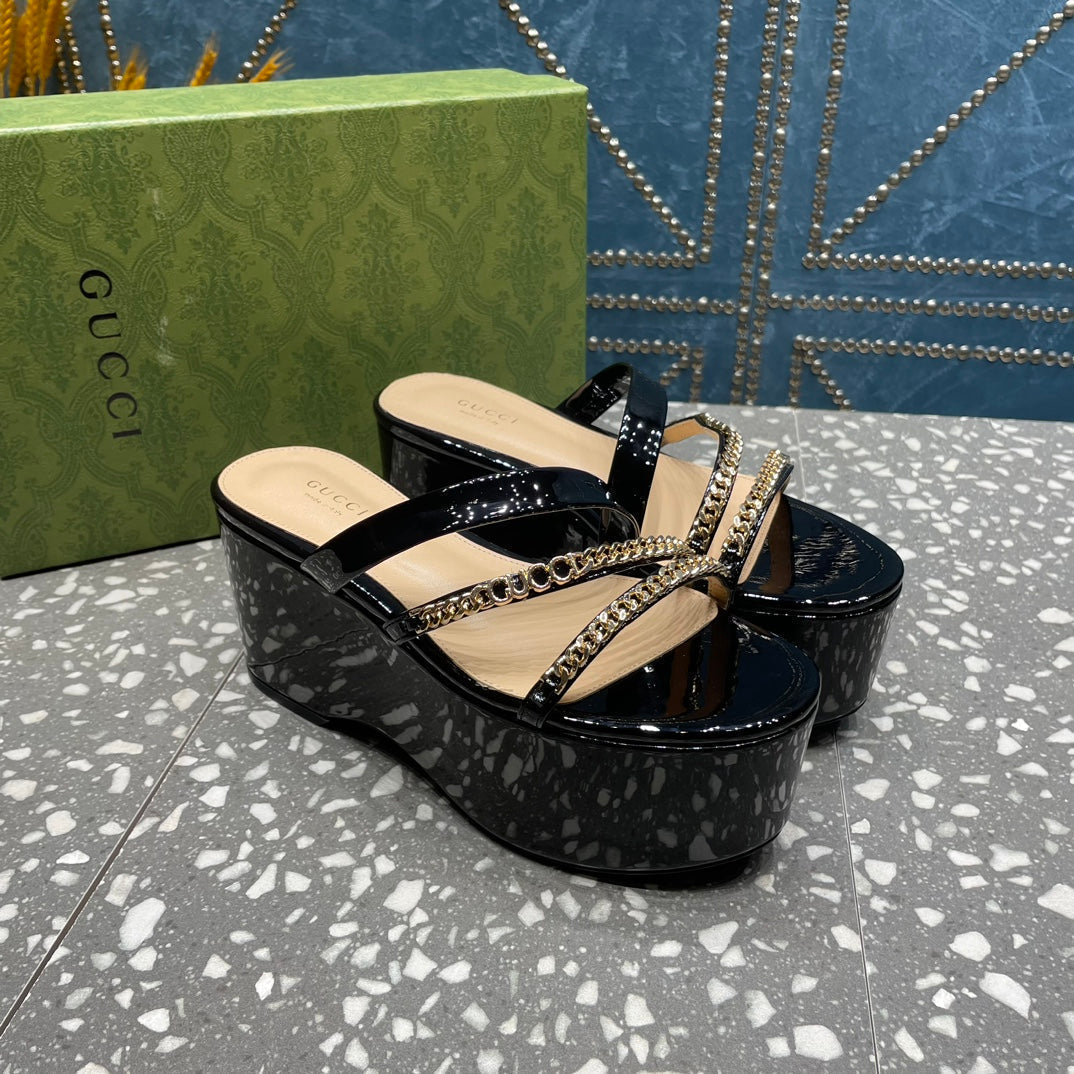 HIGH WEDGE PLATFORM IN BLACK CALFSKIN WITH GOLD HARDWARE mysite