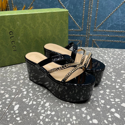 HIGH WEDGE PLATFORM IN BLACK CALFSKIN WITH GOLD HARDWARE mysite