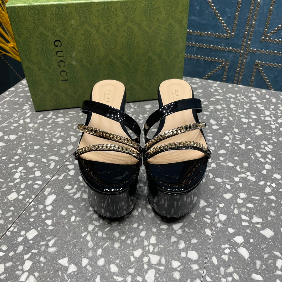 HIGH WEDGE PLATFORM IN BLACK CALFSKIN WITH GOLD HARDWARE mysite