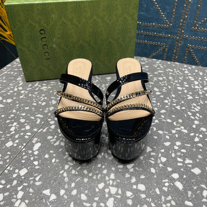 HIGH WEDGE PLATFORM IN BLACK CALFSKIN WITH GOLD HARDWARE mysite