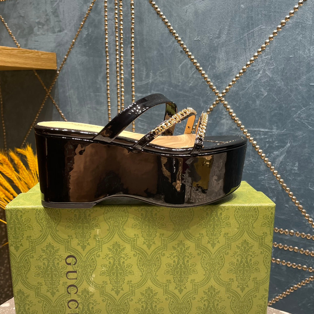 HIGH WEDGE PLATFORM IN BLACK CALFSKIN WITH GOLD HARDWARE mysite