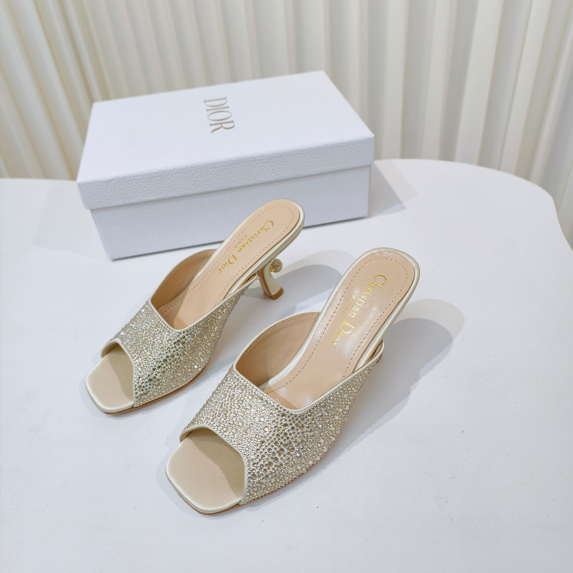 EMBELLISHED HIGH HEEL SLIDES 25S IN LIGHT BEIGE SATIN AND CALFSKIN mysite