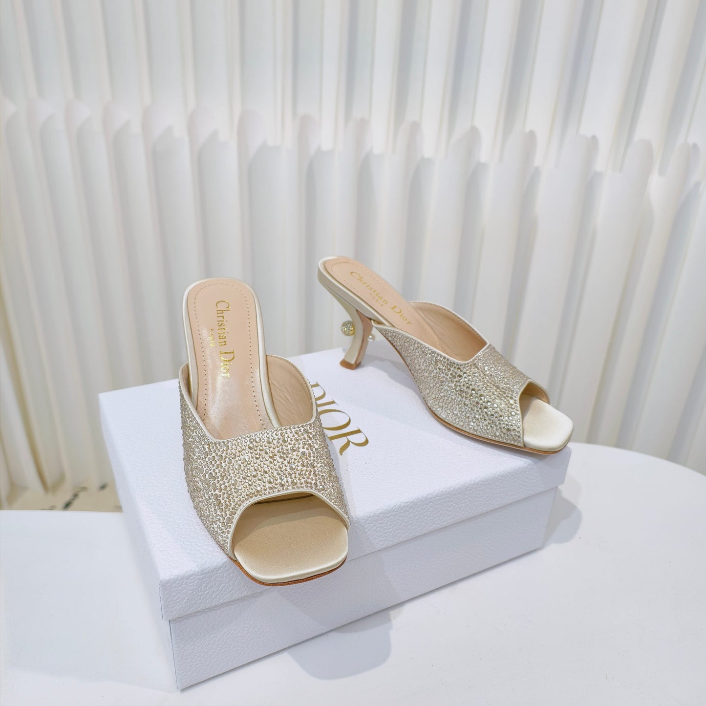 EMBELLISHED HIGH HEEL SLIDES 25S IN LIGHT BEIGE SATIN AND CALFSKIN mysite