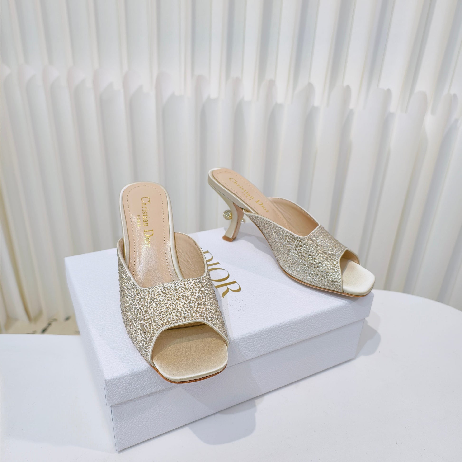 EMBELLISHED HIGH HEEL SLIDES 25S IN LIGHT BEIGE SATIN AND CALFSKIN mysite