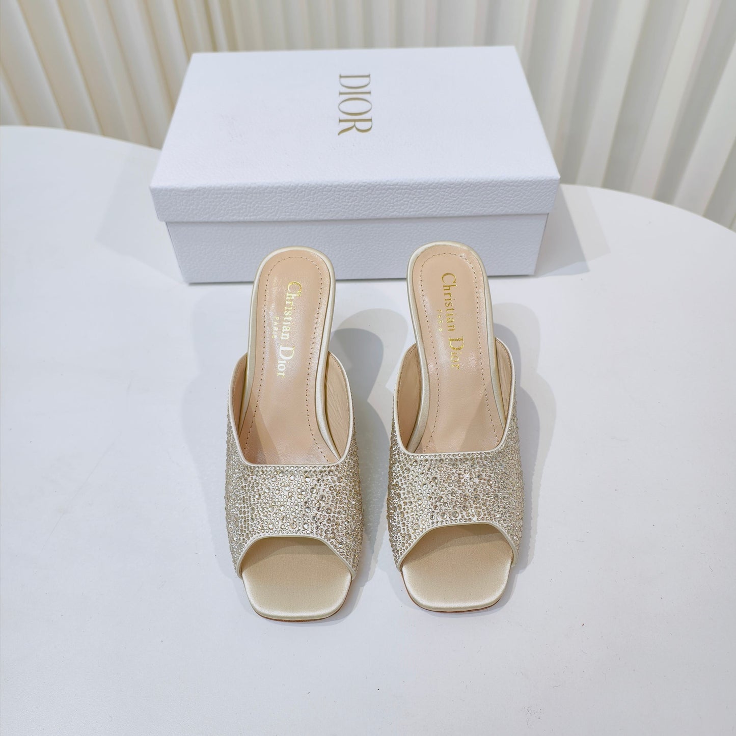 EMBELLISHED HIGH HEEL SLIDES 25S IN LIGHT BEIGE SATIN AND CALFSKIN mysite