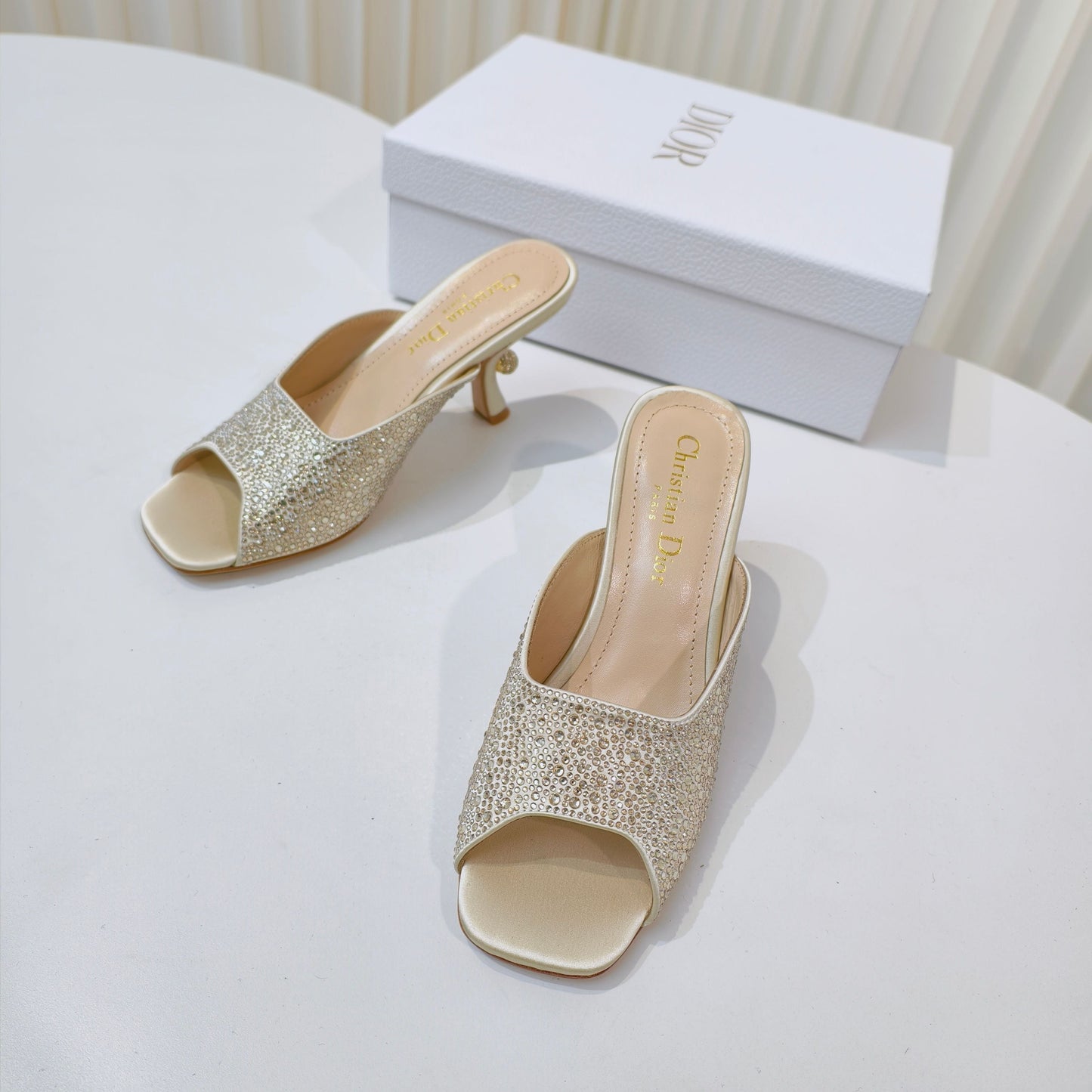 EMBELLISHED HIGH HEEL SLIDES 25S IN LIGHT BEIGE SATIN AND CALFSKIN mysite