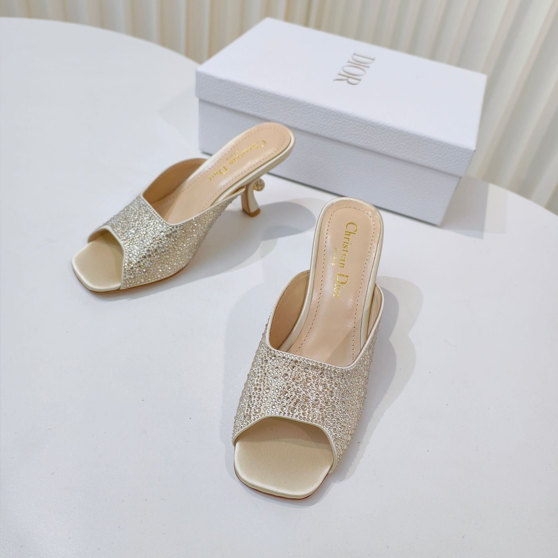 EMBELLISHED HIGH HEEL SLIDES 25S IN LIGHT BEIGE SATIN AND CALFSKIN mysite
