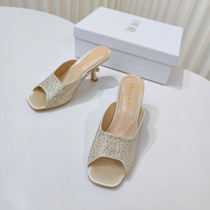 EMBELLISHED HIGH HEEL SLIDES 25S IN LIGHT BEIGE SATIN AND CALFSKIN mysite