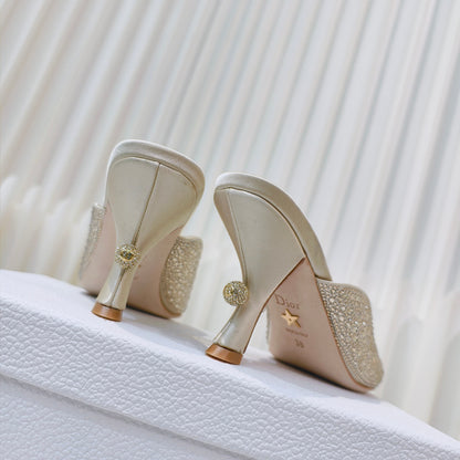 EMBELLISHED HIGH HEEL SLIDES 25S IN LIGHT BEIGE SATIN AND CALFSKIN mysite