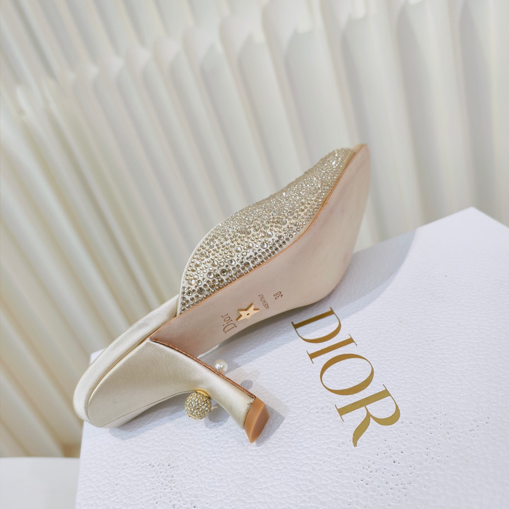 EMBELLISHED HIGH HEEL SLIDES 25S IN LIGHT BEIGE SATIN AND CALFSKIN mysite