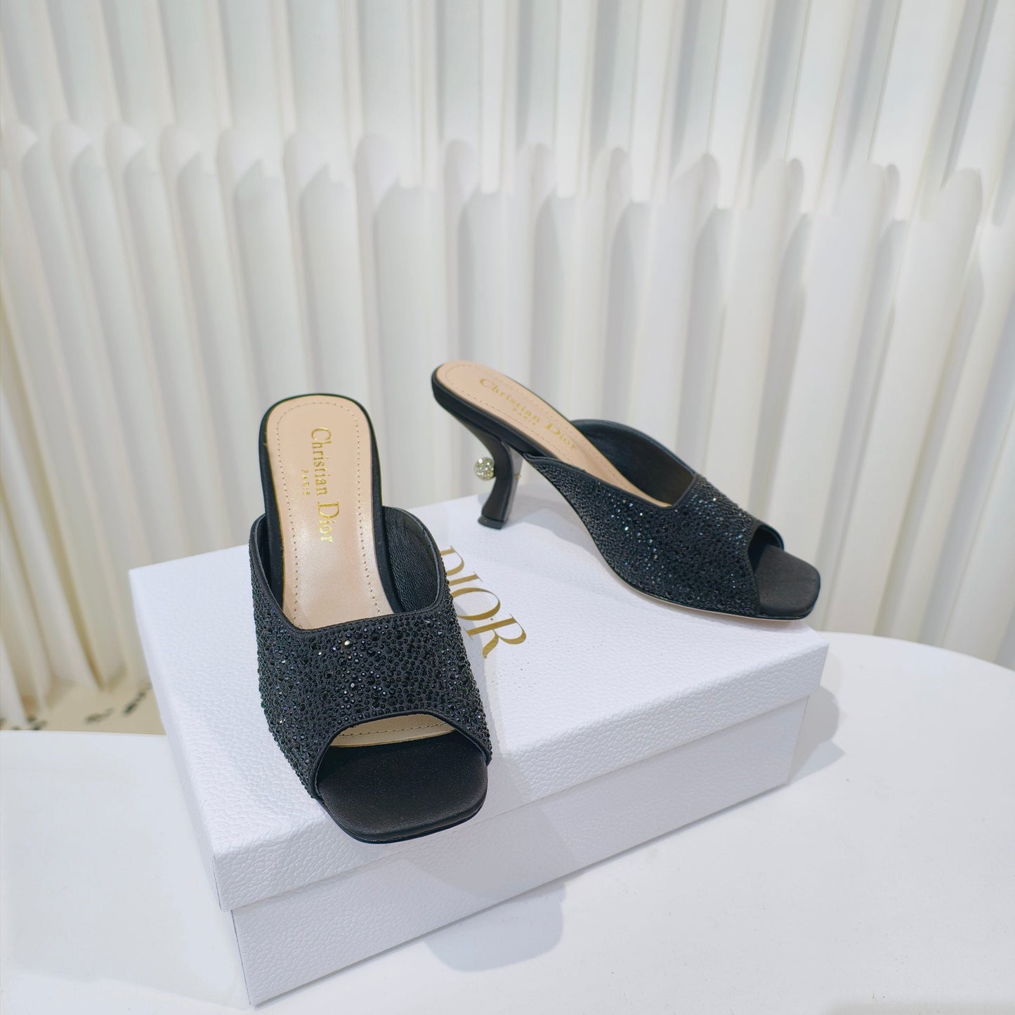 DIOR EMBELLISHED HIGH HEEL SLIDES 25S IN BLACK SATIN AND CALFSKIN mysite