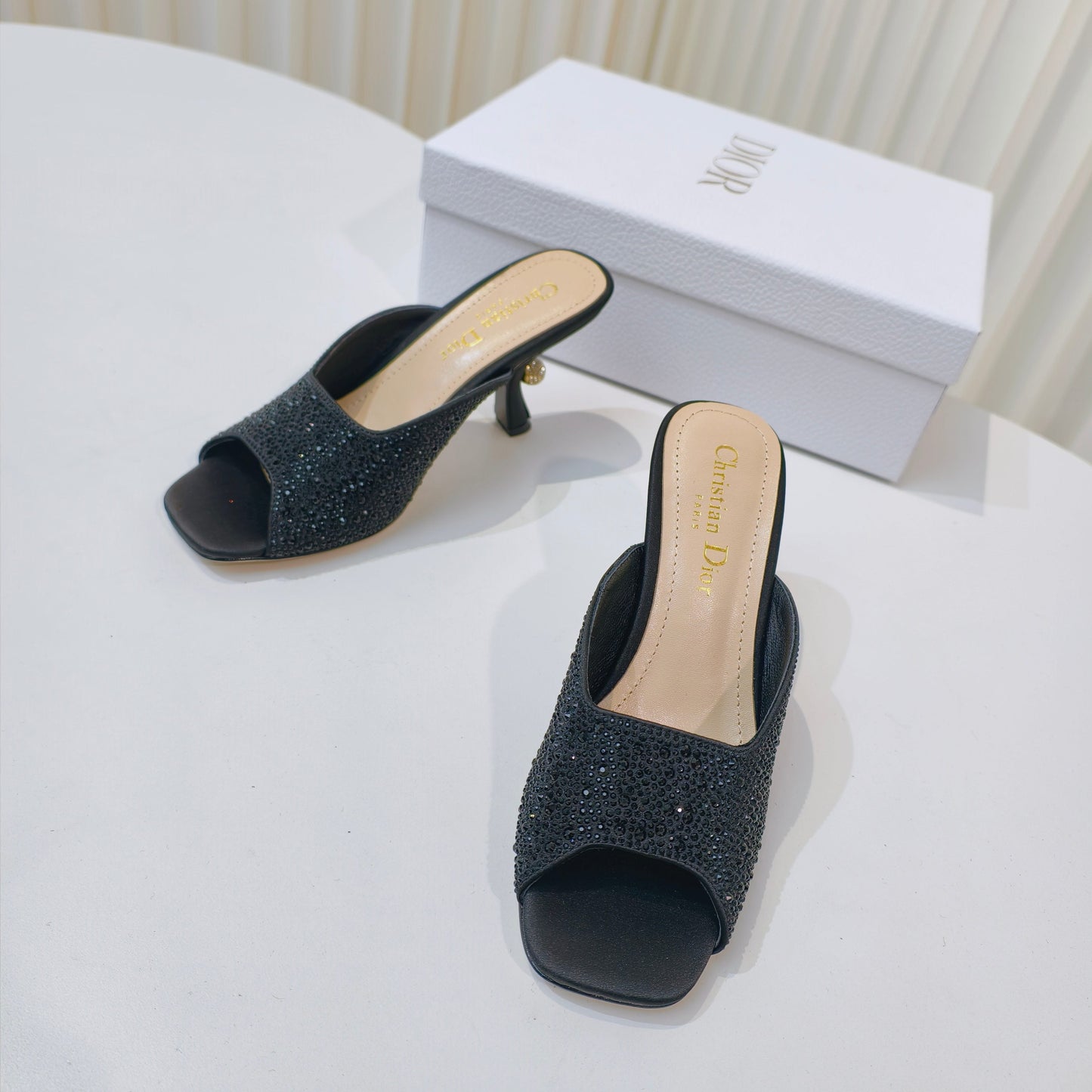 DIOR EMBELLISHED HIGH HEEL SLIDES 25S IN BLACK SATIN AND CALFSKIN mysite