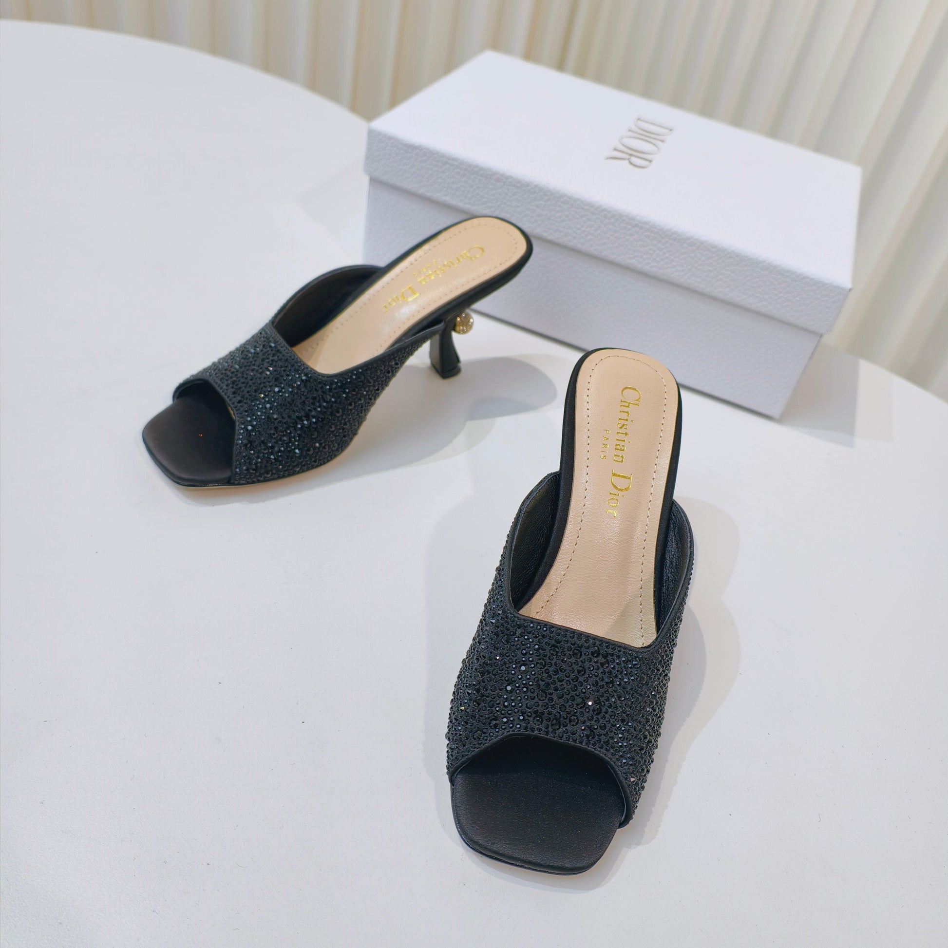DIOR EMBELLISHED HIGH HEEL SLIDES 25S IN BLACK SATIN AND CALFSKIN mysite