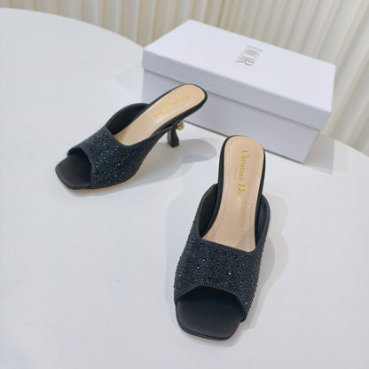 DIOR EMBELLISHED HIGH HEEL SLIDES 25S IN BLACK SATIN AND CALFSKIN mysite