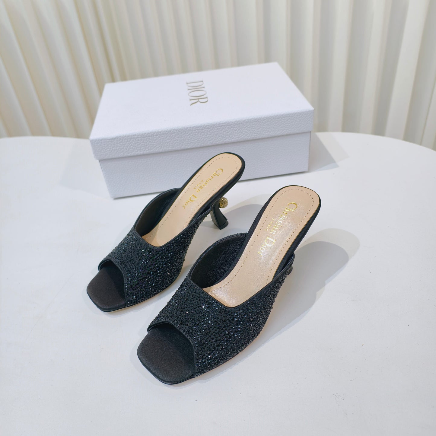 DIOR EMBELLISHED HIGH HEEL SLIDES 25S IN BLACK SATIN AND CALFSKIN mysite
