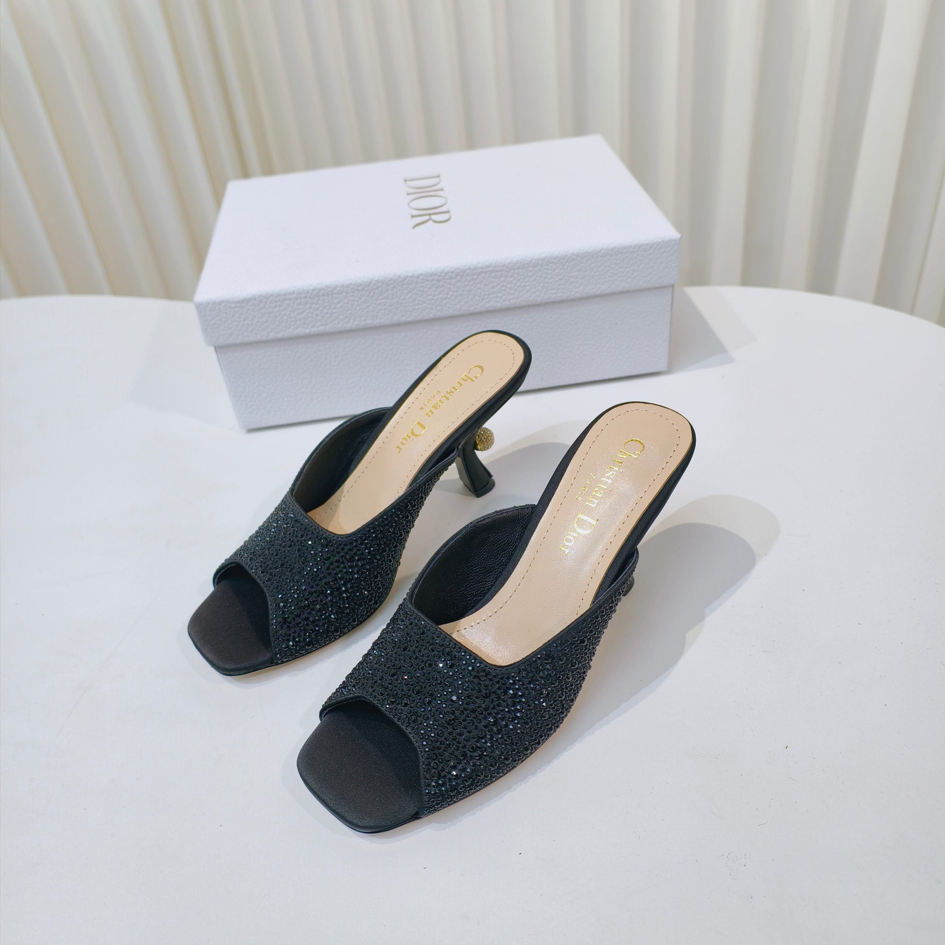 DIOR EMBELLISHED HIGH HEEL SLIDES 25S IN BLACK SATIN AND CALFSKIN mysite