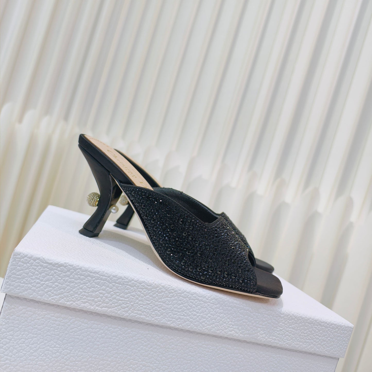 DIOR EMBELLISHED HIGH HEEL SLIDES 25S IN BLACK SATIN AND CALFSKIN mysite
