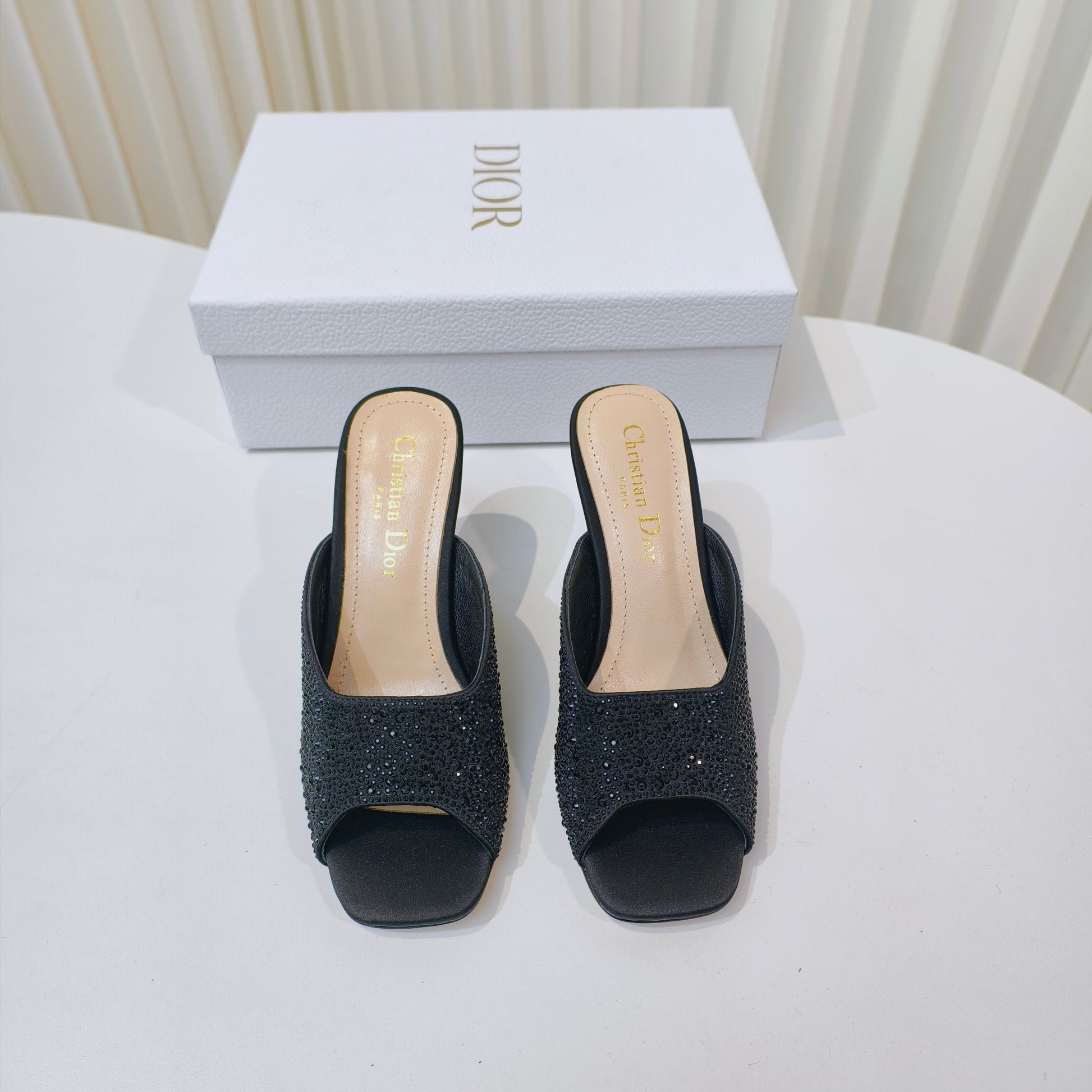 DIOR EMBELLISHED HIGH HEEL SLIDES 25S IN BLACK SATIN AND CALFSKIN mysite