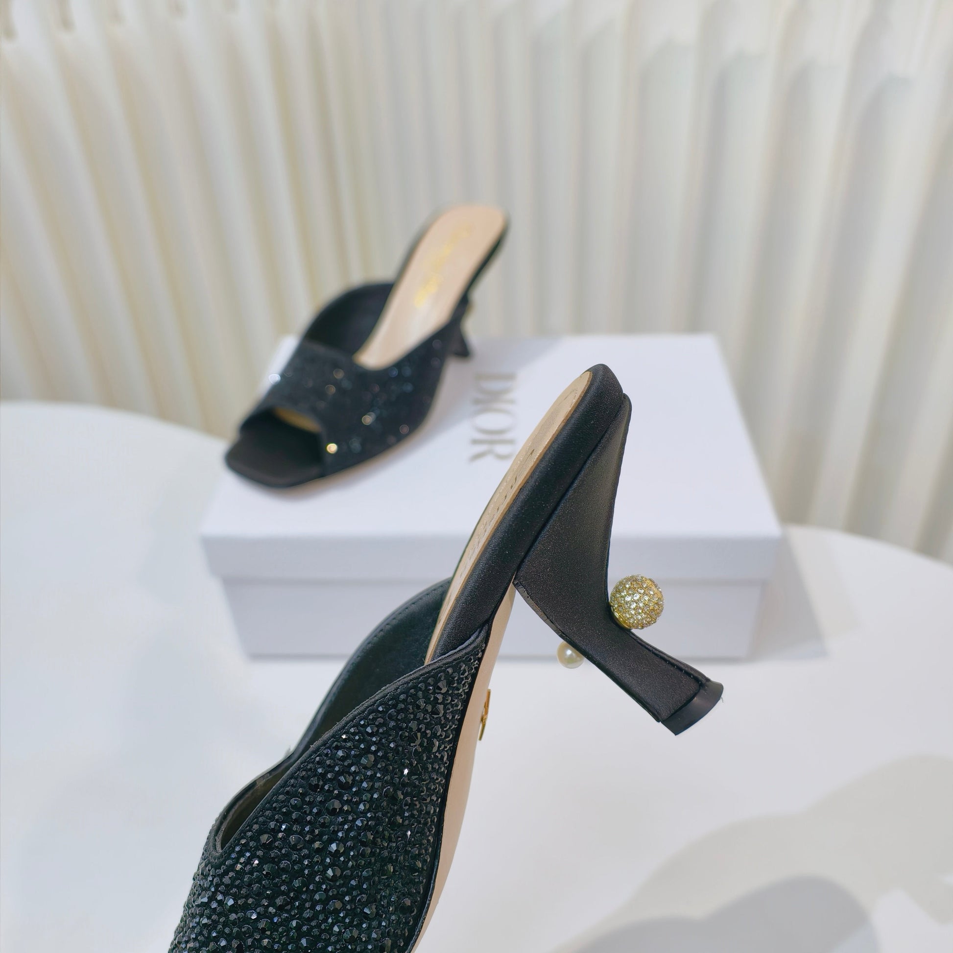DIOR EMBELLISHED HIGH HEEL SLIDES 25S IN BLACK SATIN AND CALFSKIN mysite
