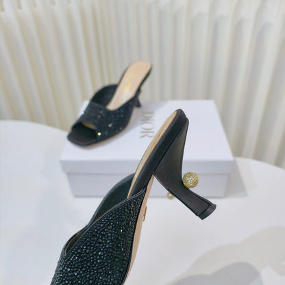 DIOR EMBELLISHED HIGH HEEL SLIDES 25S IN BLACK SATIN AND CALFSKIN mysite