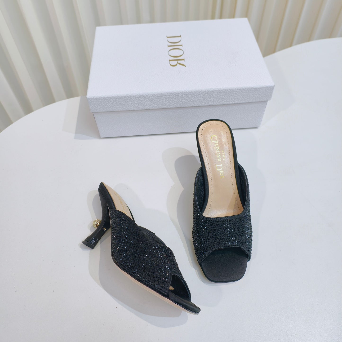 DIOR EMBELLISHED HIGH HEEL SLIDES 25S IN BLACK SATIN AND CALFSKIN mysite