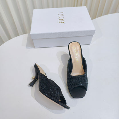 DIOR EMBELLISHED HIGH HEEL SLIDES 25S IN BLACK SATIN AND CALFSKIN mysite