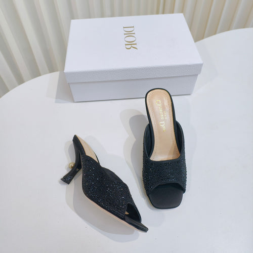 DIOR EMBELLISHED HIGH HEEL SLIDES 25S IN BLACK SATIN AND CALFSKIN mysite