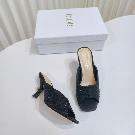 DIOR EMBELLISHED HIGH HEEL SLIDES 25S IN BLACK SATIN AND CALFSKIN mysite