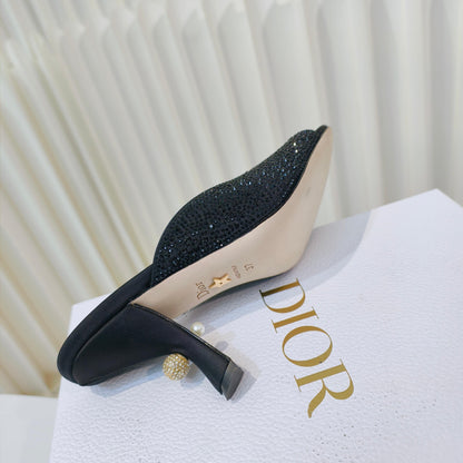 DIOR EMBELLISHED HIGH HEEL SLIDES 25S IN BLACK SATIN AND CALFSKIN mysite