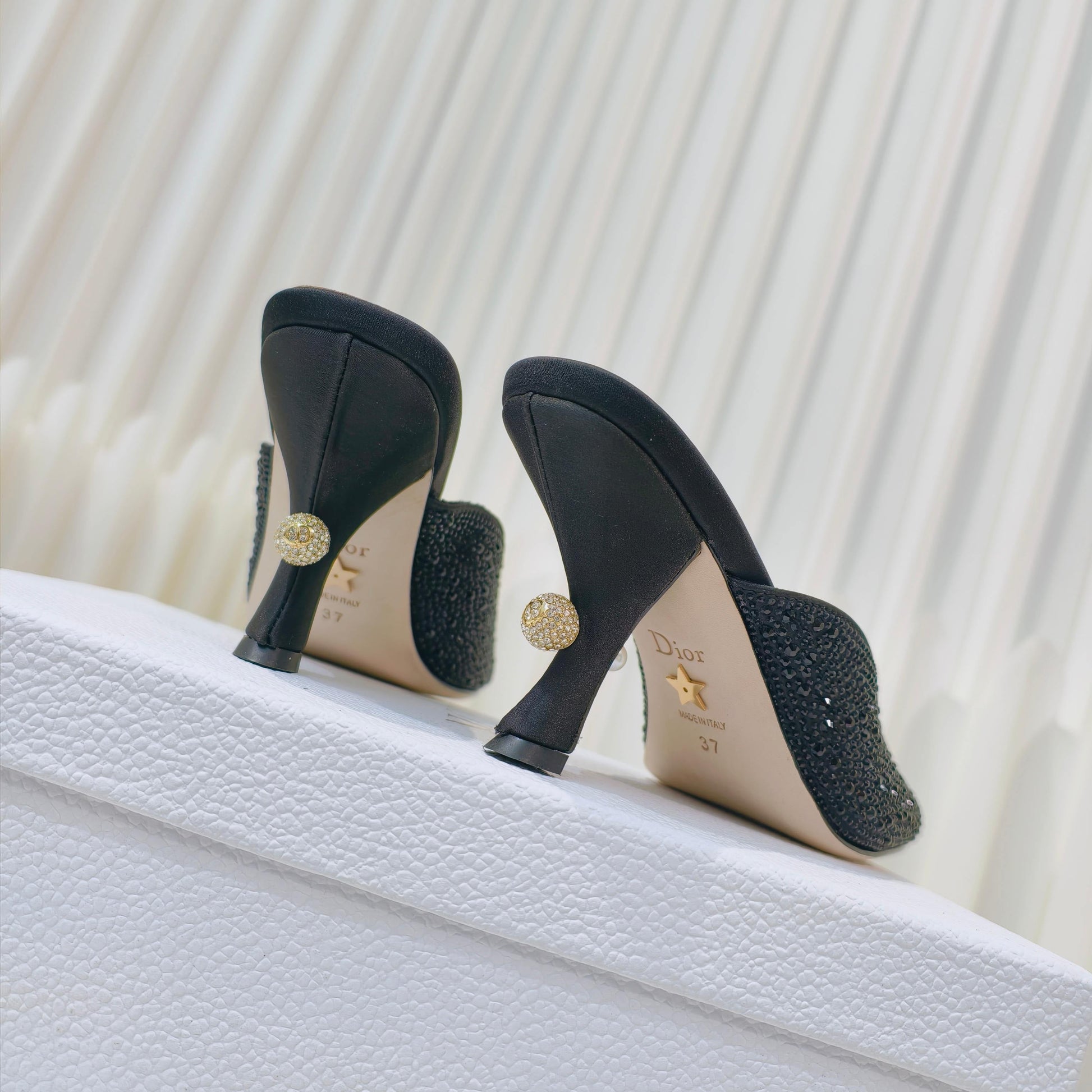 DIOR EMBELLISHED HIGH HEEL SLIDES 25S IN BLACK SATIN AND CALFSKIN mysite