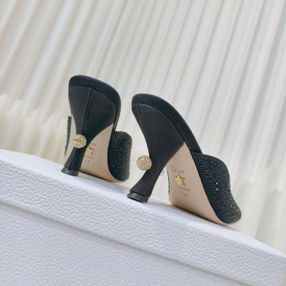DIOR EMBELLISHED HIGH HEEL SLIDES 25S IN BLACK SATIN AND CALFSKIN mysite