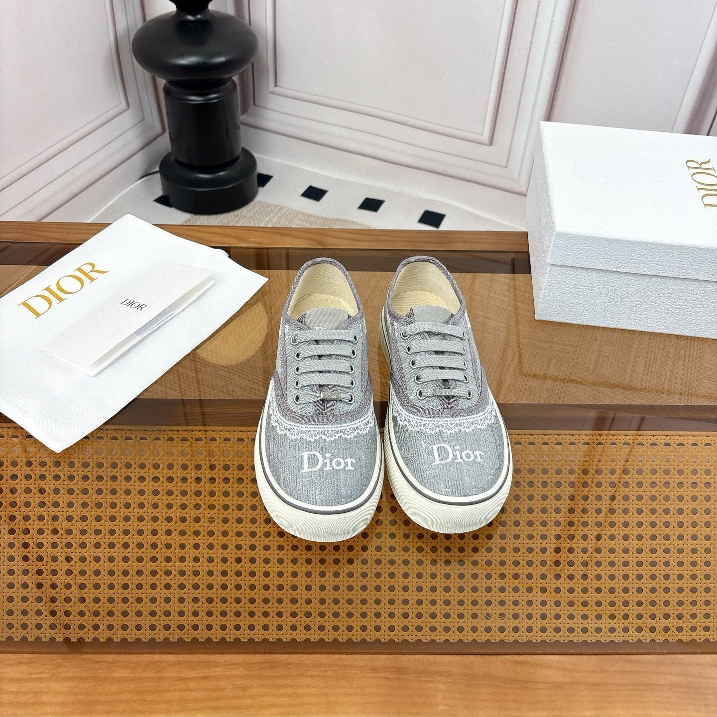 26S LOW TOP SNEAKERS IN GREY CANVAS WITH WHITE LACE TRIM & LOGO PRINT mysite
