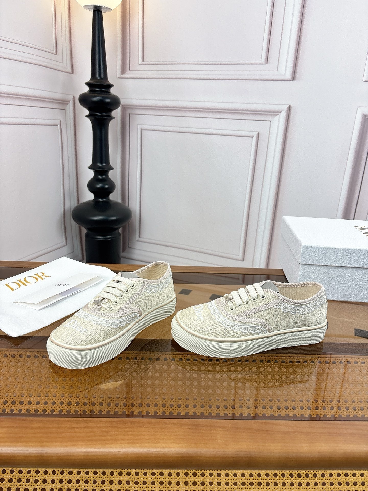 26S LOW TOP SNEAKERS IN BEIGE CANVAS WITH WHITE LACE TRIM & LOGO PRINT mysite