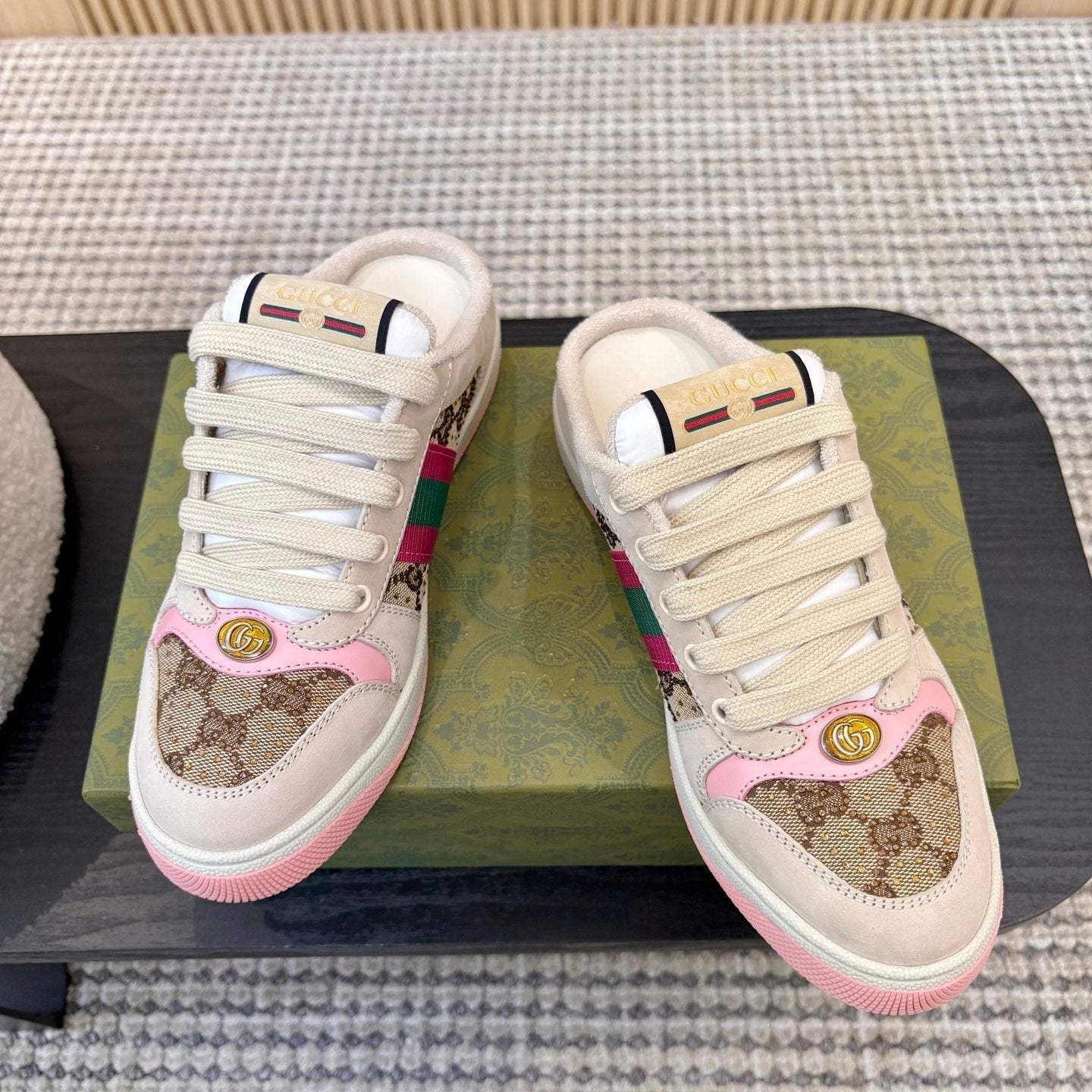GUCCI 26S BACKLESS SNEAKERS IN BROWN CANVAS AND BEIGE LEATHER mysite