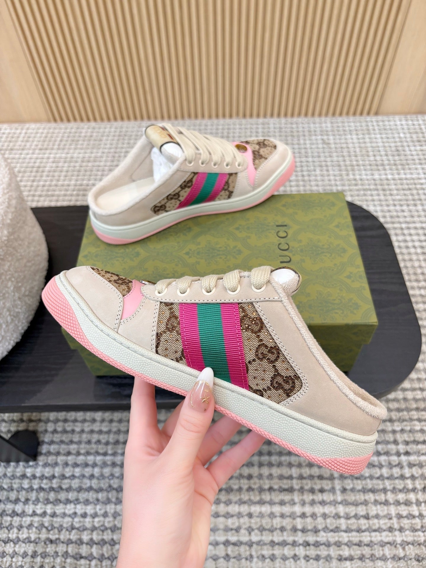 GUCCI 26S BACKLESS SNEAKERS IN BROWN CANVAS AND BEIGE LEATHER mysite