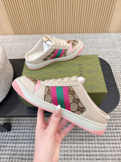 GUCCI 26S BACKLESS SNEAKERS IN BROWN CANVAS AND BEIGE LEATHER mysite