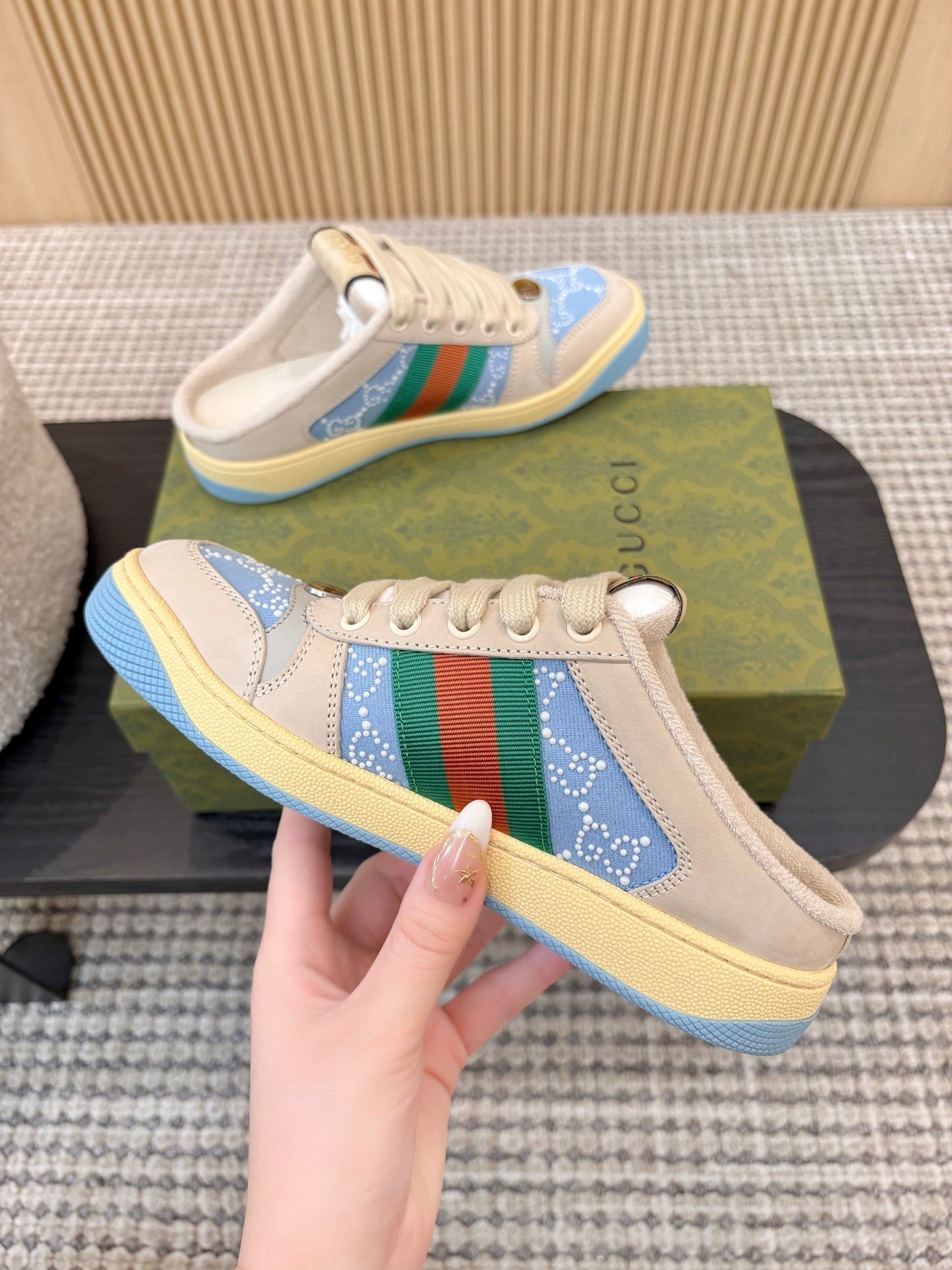 26S BACKLESS SNEAKERS IN BLUE CANVAS AND BEIGE LEATHER mysite