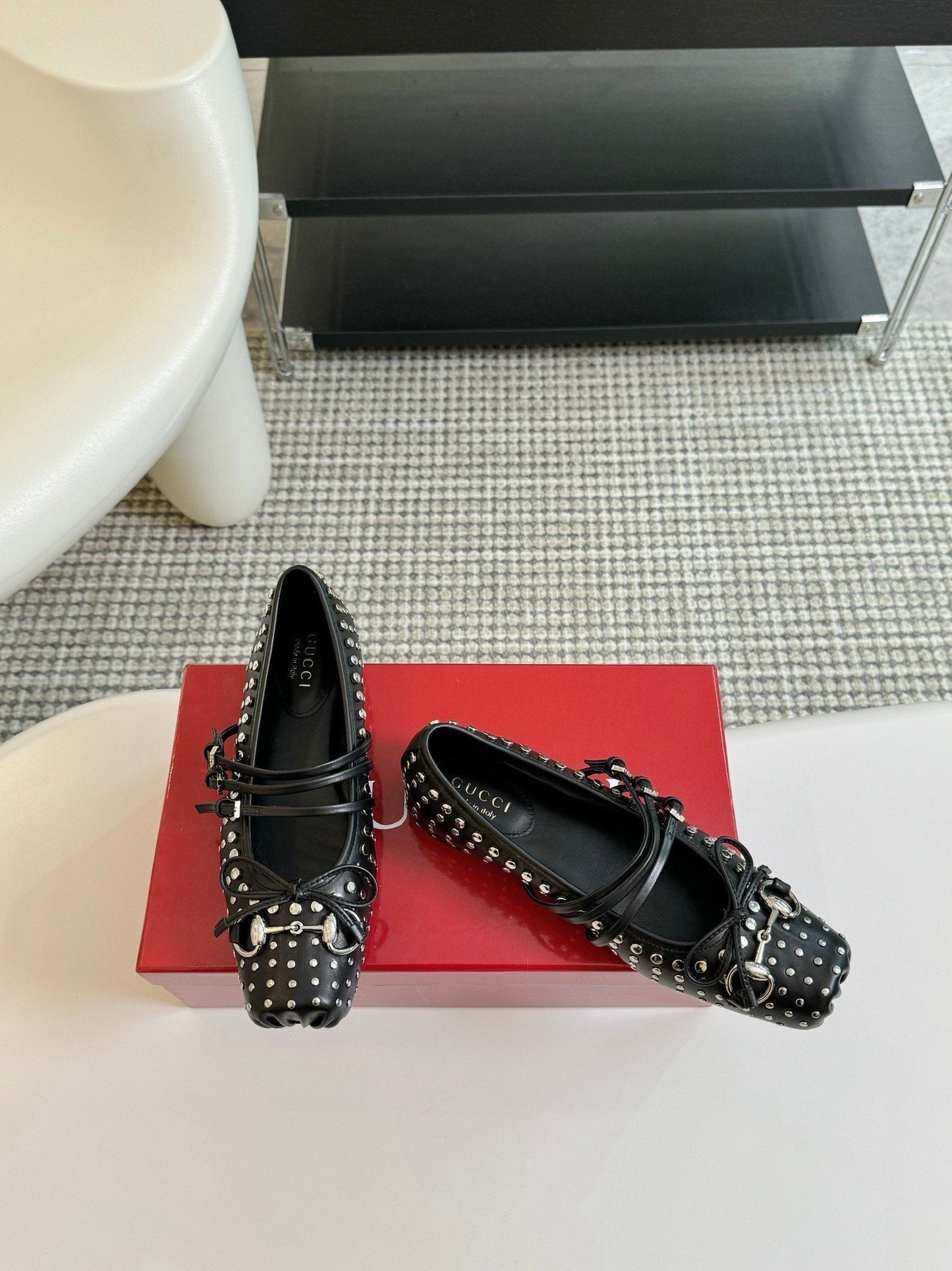 GG RIVETS BALLET FLAT BLACK HORIZONTAL STRAPS LAMBSKIN mysite