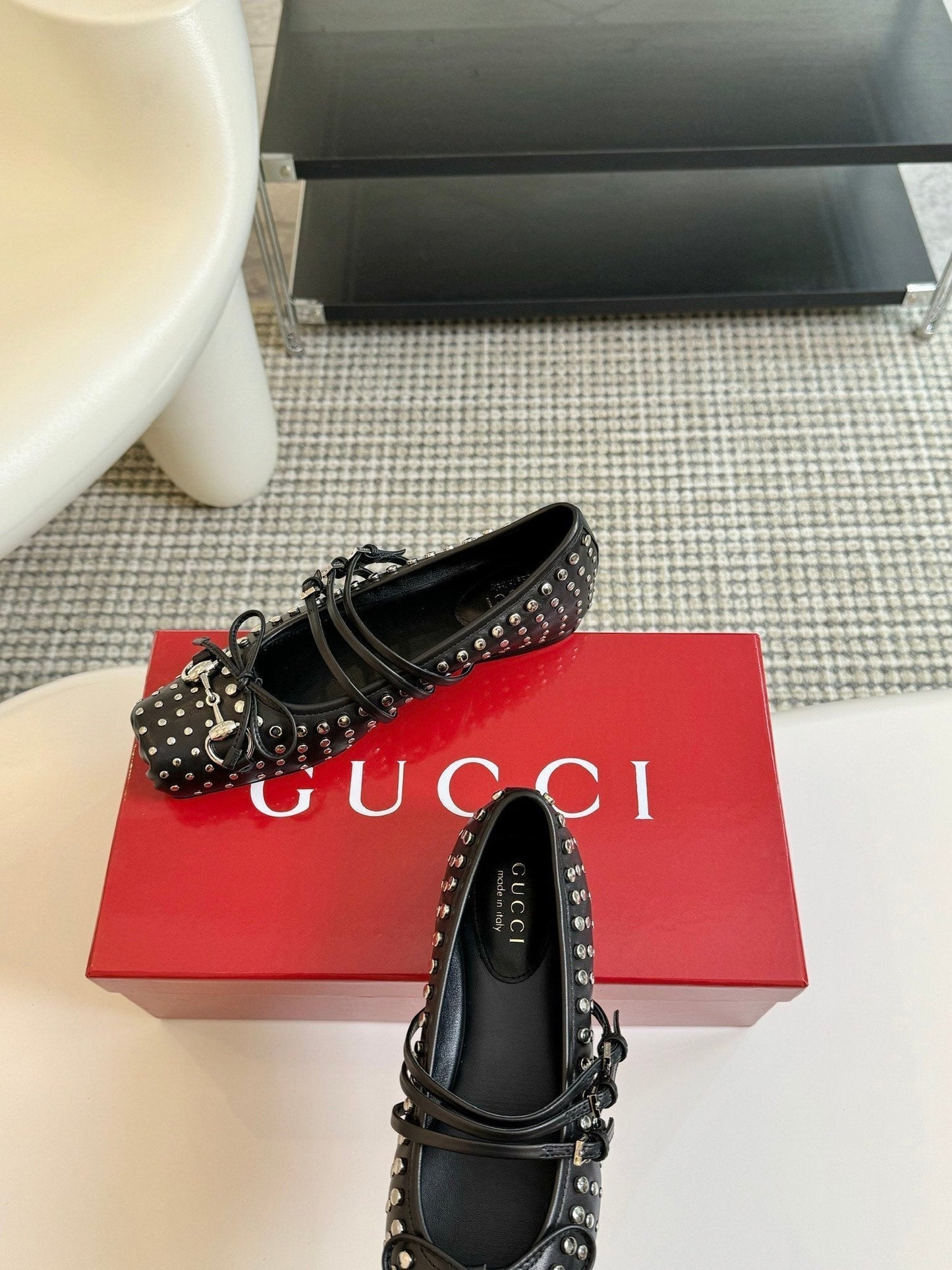 GG RIVETS BALLET FLAT BLACK HORIZONTAL STRAPS LAMBSKIN mysite