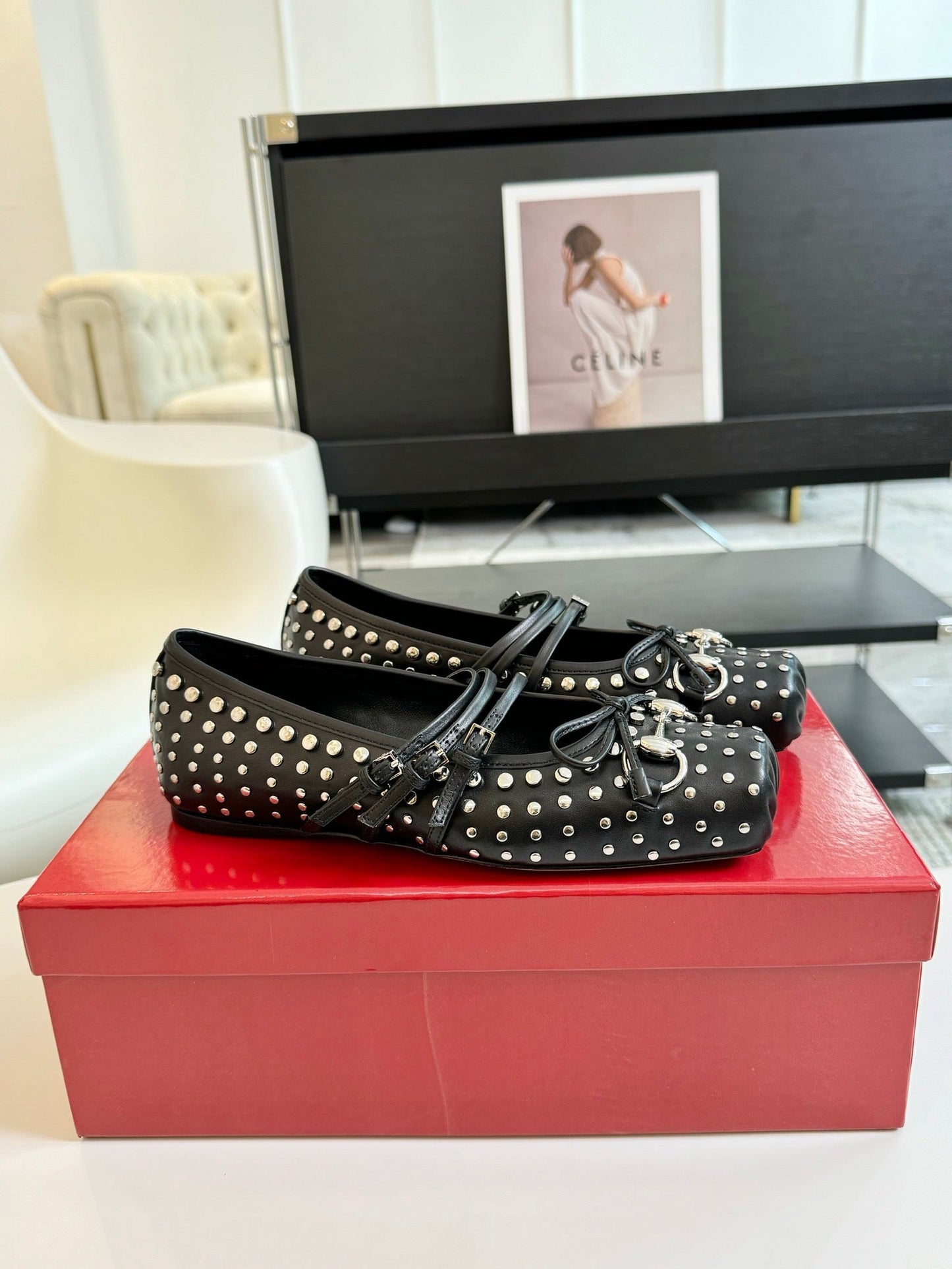 GG RIVETS BALLET FLAT BLACK HORIZONTAL STRAPS LAMBSKIN mysite