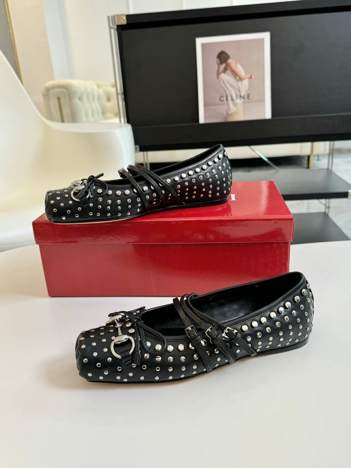 GG RIVETS BALLET FLAT BLACK HORIZONTAL STRAPS LAMBSKIN mysite