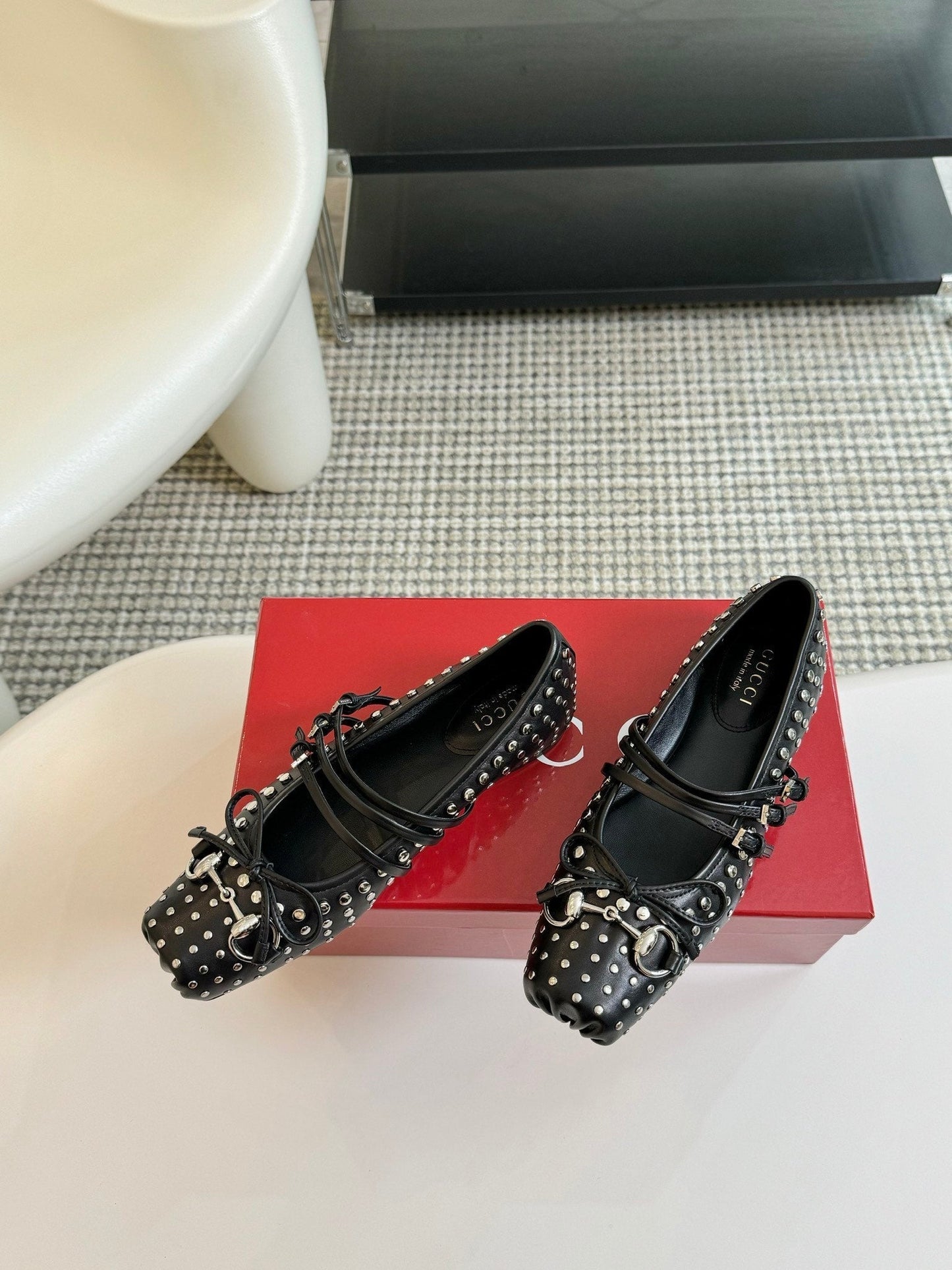 GG RIVETS BALLET FLAT BLACK HORIZONTAL STRAPS LAMBSKIN mysite