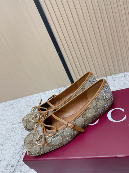 GUCCI 26S BALLET FLATS IN DARK BEIGE CANVAS WITH CRYSTALS mysite