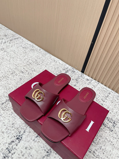 26S SLIDE SANDAL IN DARK RED CALFSKIN WITH GOLD mysite